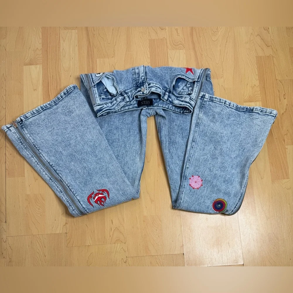 VEES Y2K Patchwork Flare Jeans Side Zipper Bell Bottom High Rise Festival - Picture 6 of 12